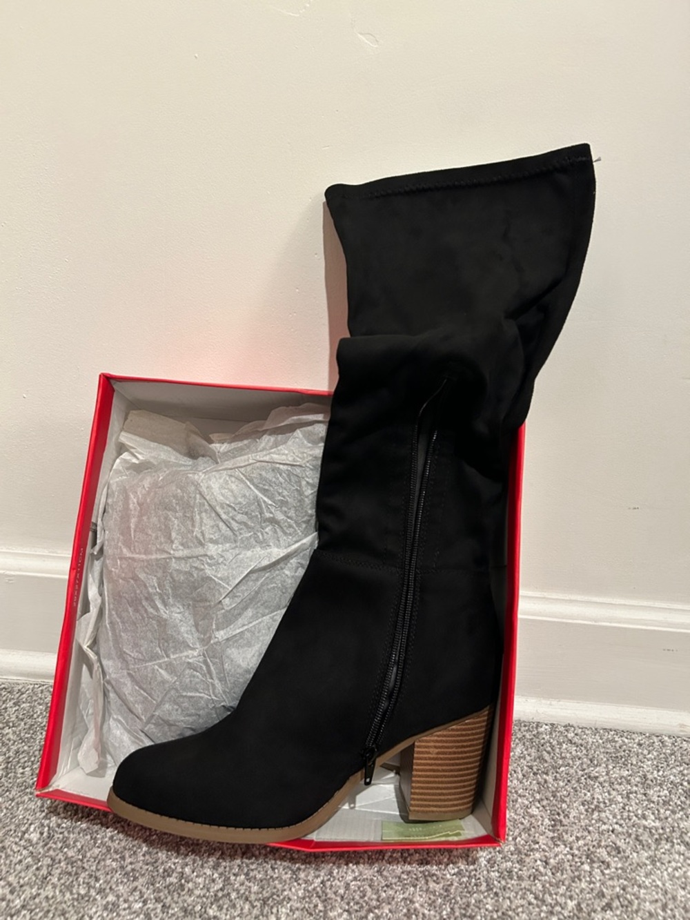 True Craft Black Mid-Calf Block Heel Boots with Stacked Heel
